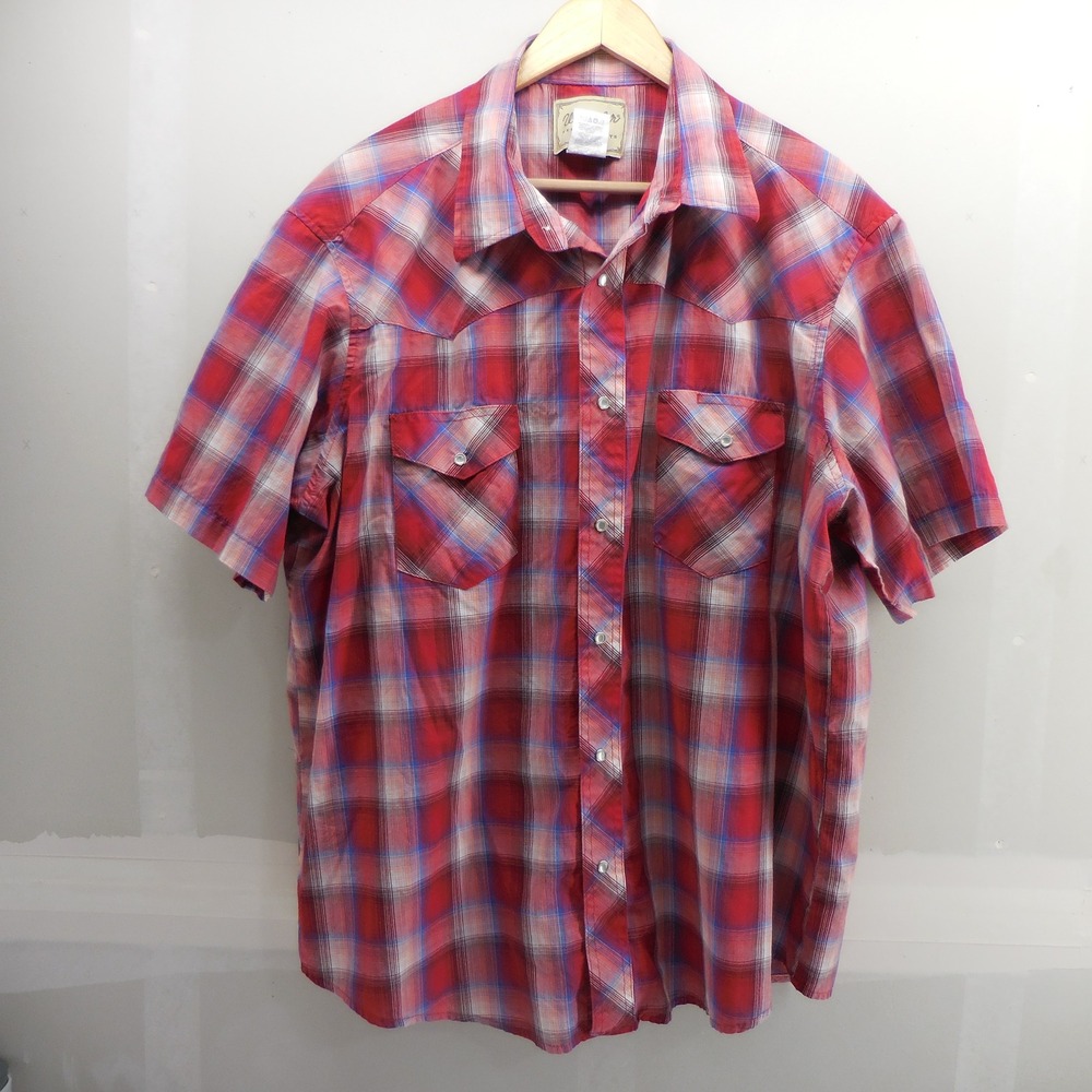 Wrangler Western Shirt Mens 2XL Big Red Plaid Pearl Snap Short Sleeve WM221RD